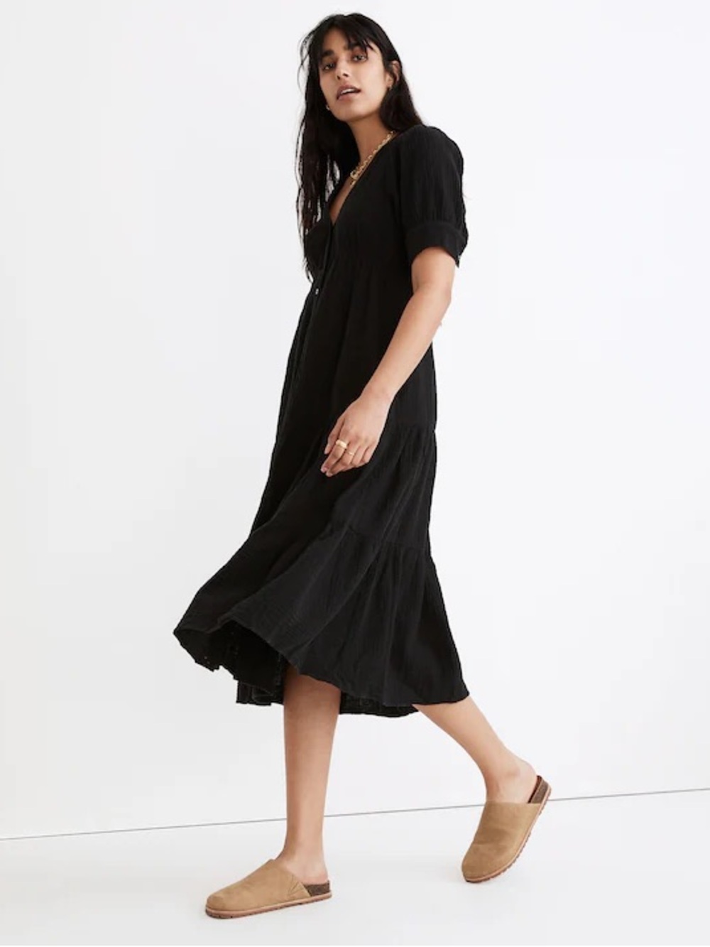 Madewell True Black Lightspun Button-Front Tiered Midi Dress in Size 6